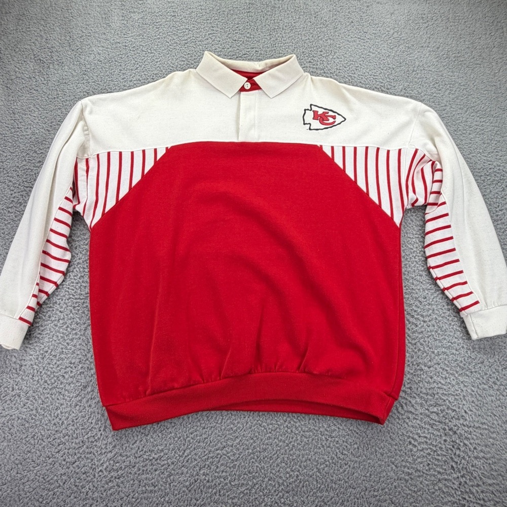 Vintage 1990 Kansas City Chiefs Winning Streak Polo Sweatshirt Red White Large